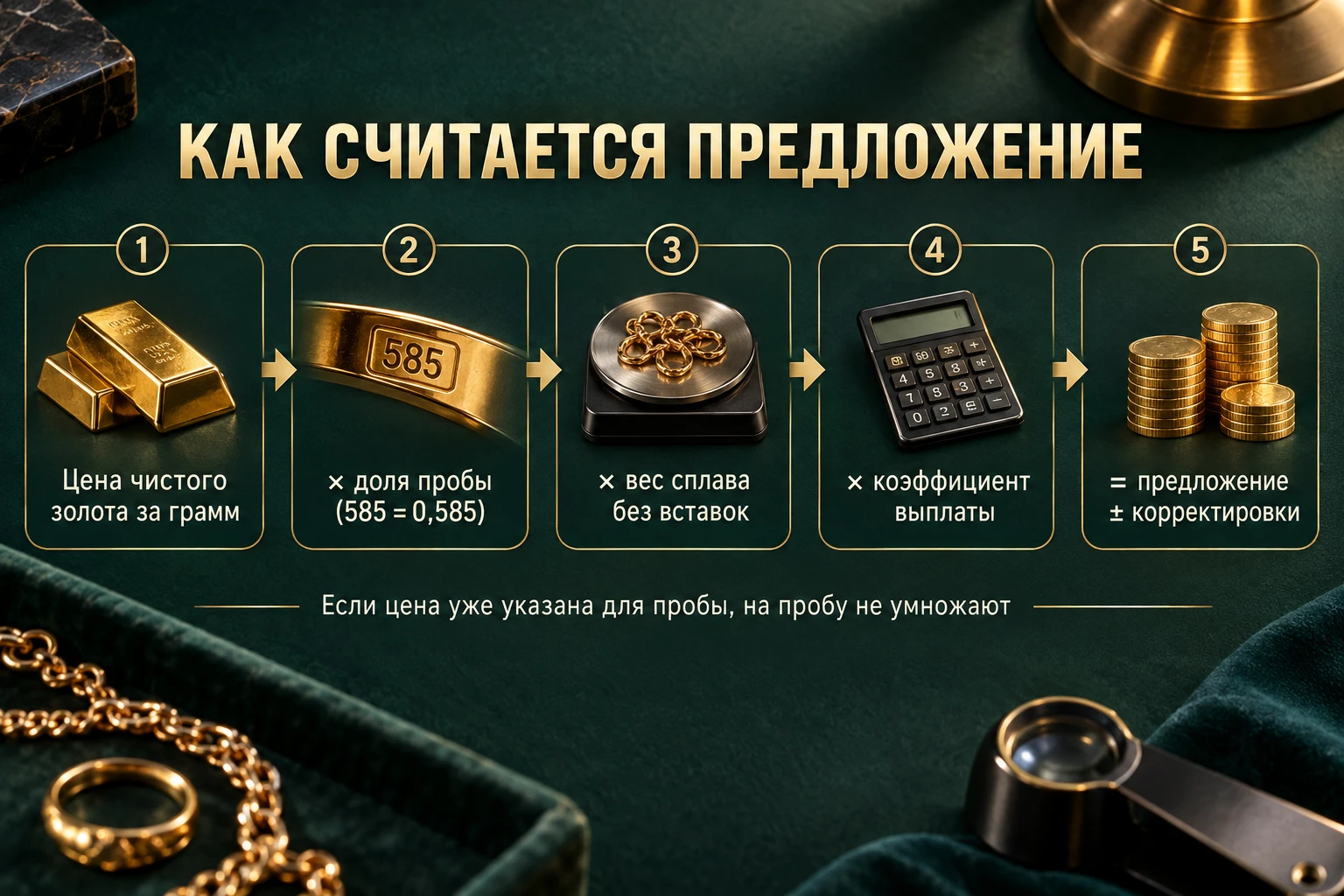 Золотая цепочка и кольцо на чаше весов рядом с калькулятором и блокнотом