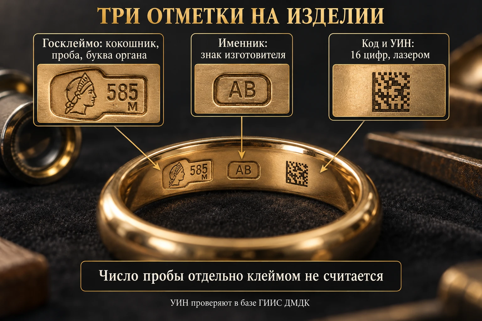 Схема кольца с выносками: государственное клеймо, именник и лазерный код с УИН