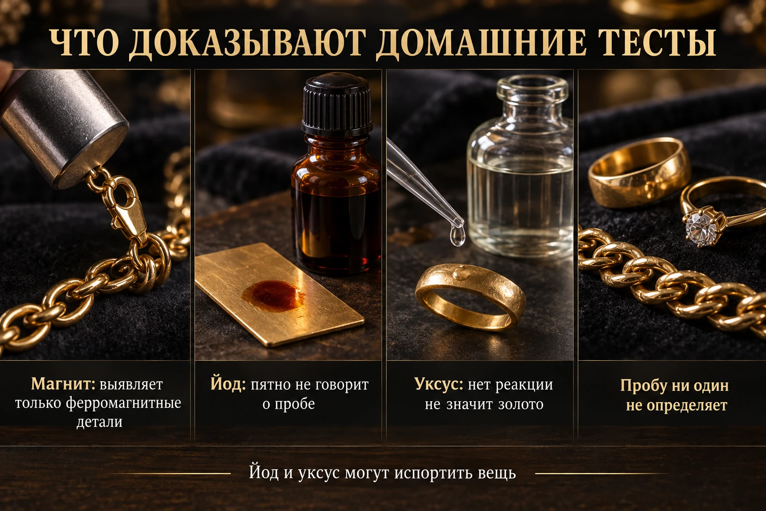 Сравнение трёх тестов: магнит, йод и уксус с краткими пояснениями их ограничений