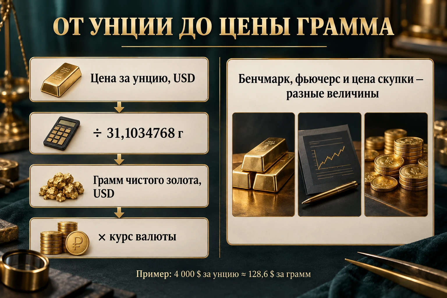 Схема пересчёта цены золота с унции на грамм и в рубли
