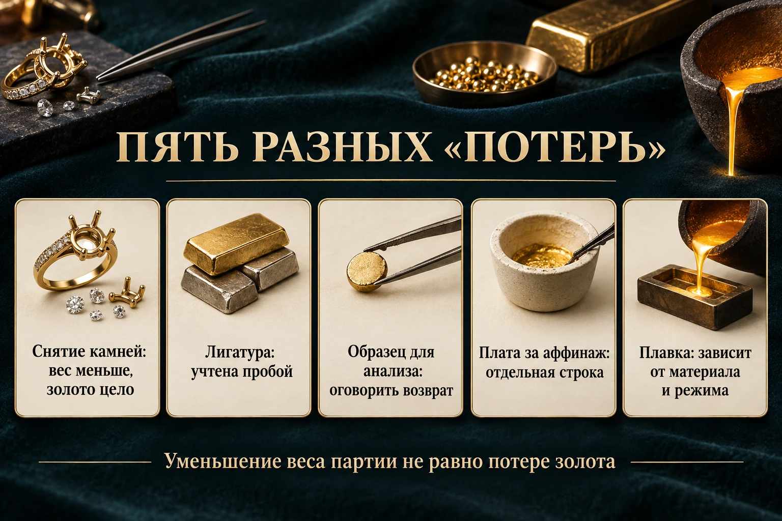 Пять карточек с видами потерь при оценке и переплавке золота