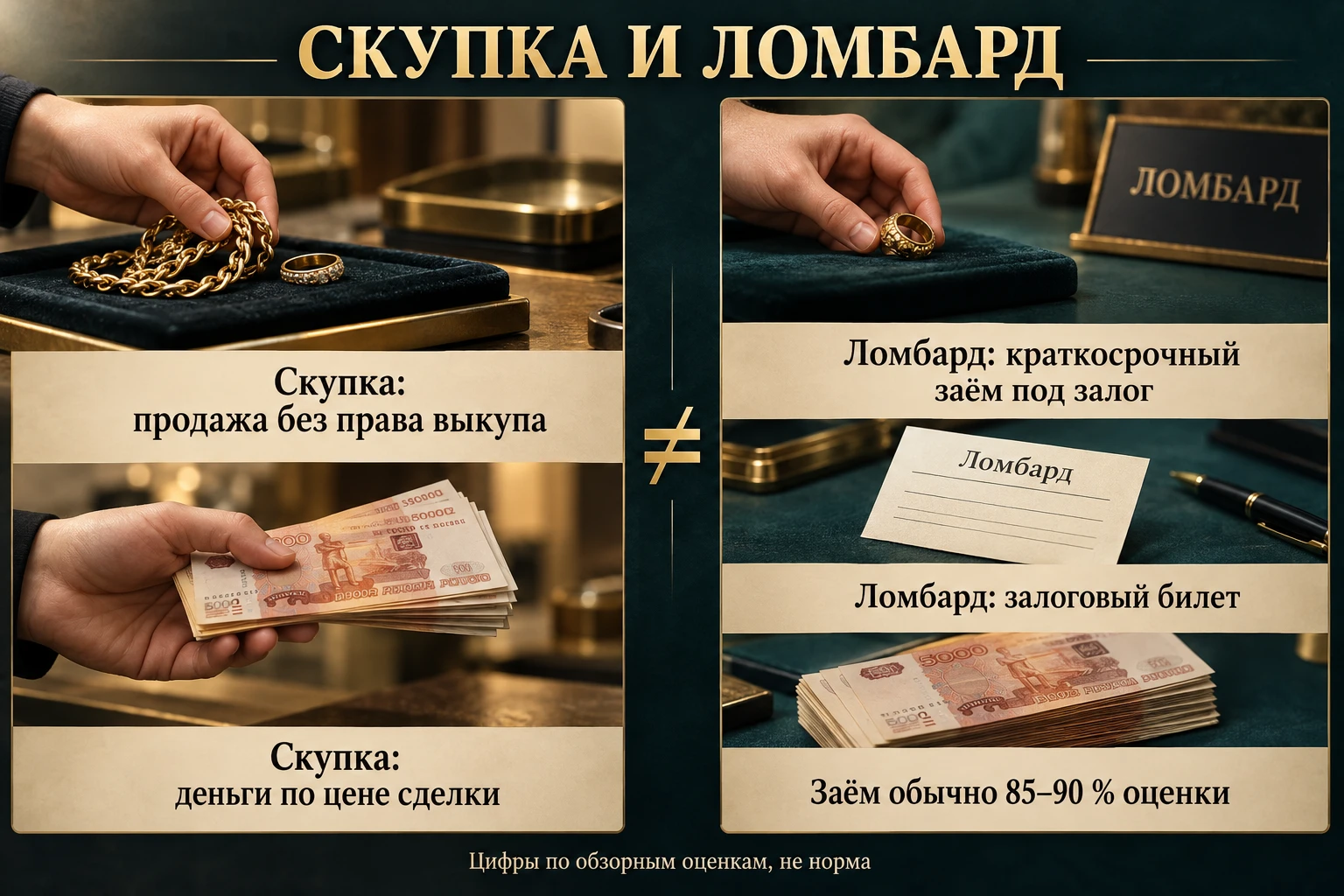 Две панели со сравнением скупки золота и ломбарда