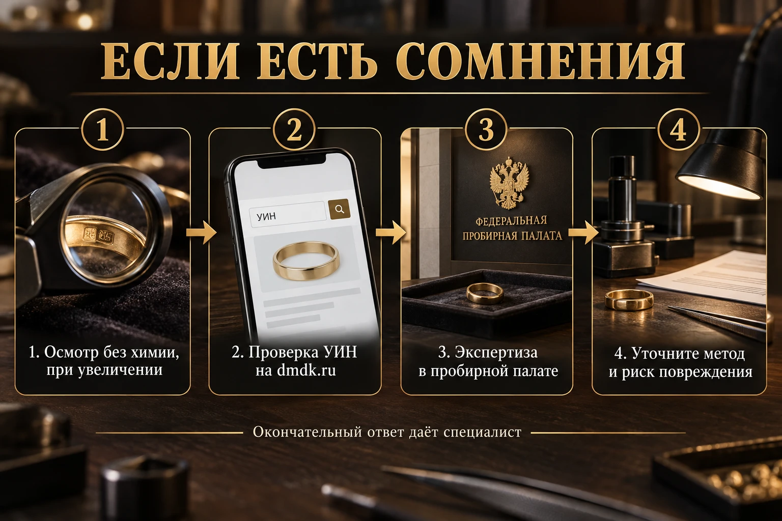 Схема из четырёх шагов: осмотр, проверка УИН, экспертиза в палате, уточнение метода